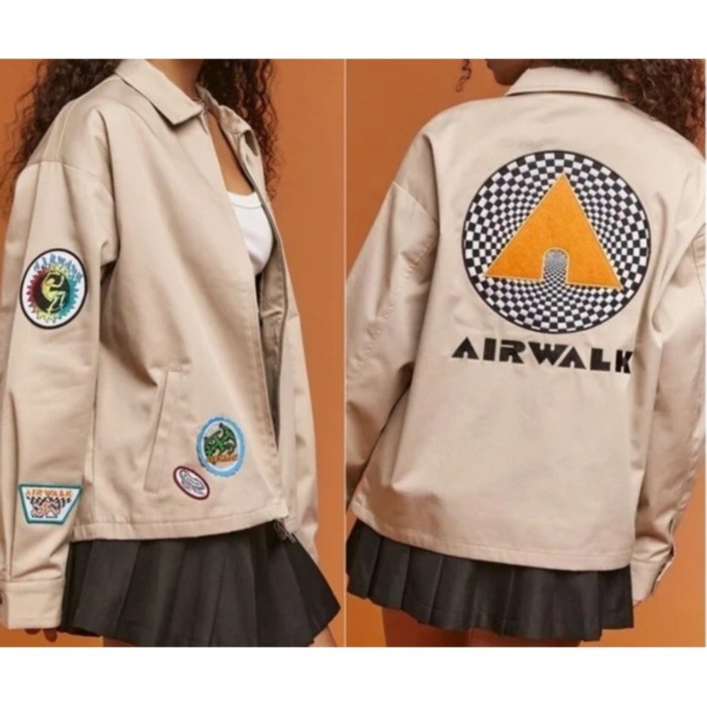 New $60 Forever21 X Airwalk Jacket Khaki Brown Zip Skater Patches‎ Womens 0X